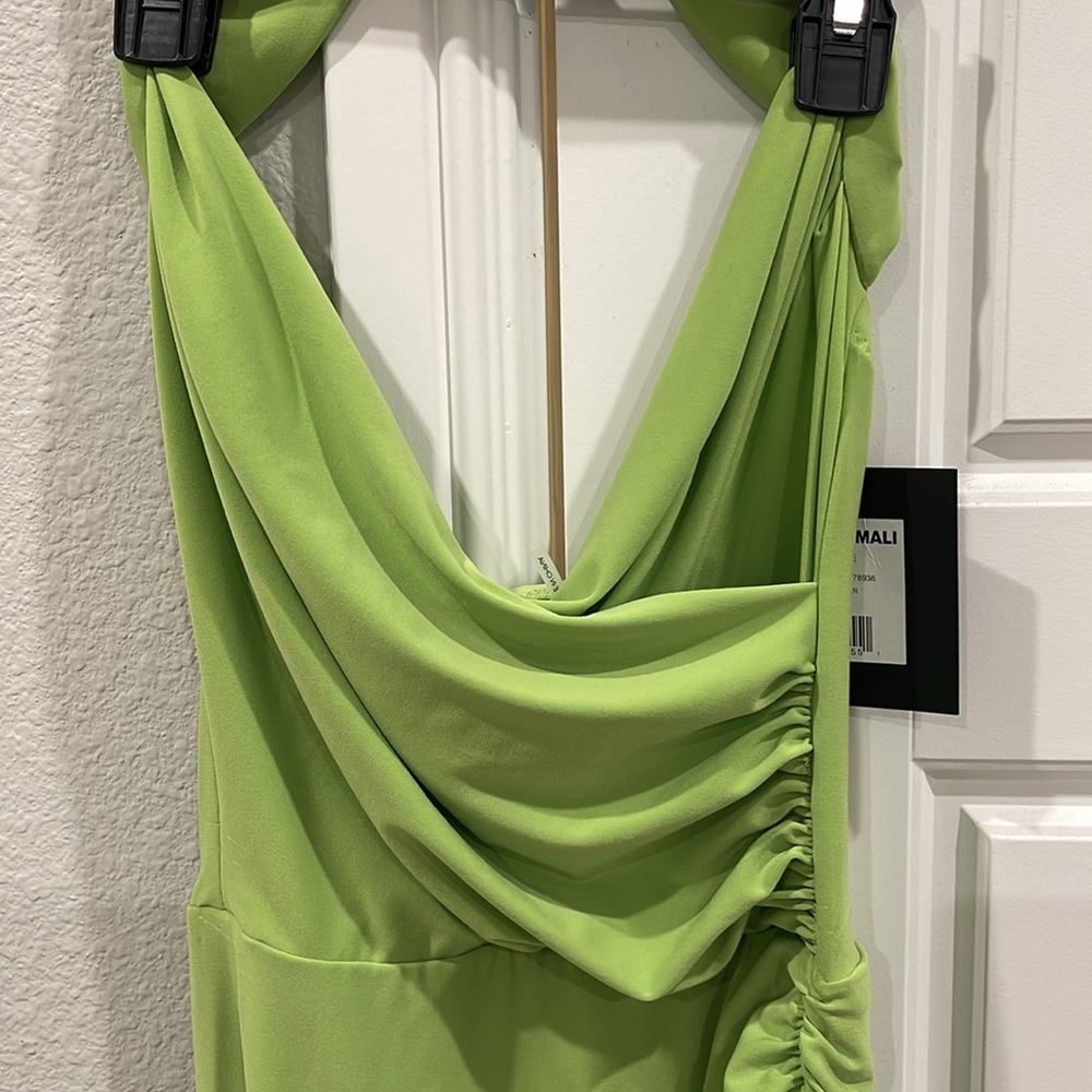 Norma Kamali Neon Lime Ruched Asymmetrical Halter Dress - Picture 7 of 11